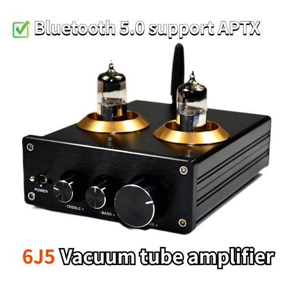 Amplificador 6J5 Pré -amplificador Vacuum Tubo amplificador Bluetooth amplificador para alto -falantes domésticos Teatro Karaoke HiFi Sound Amplificador DC12V Input