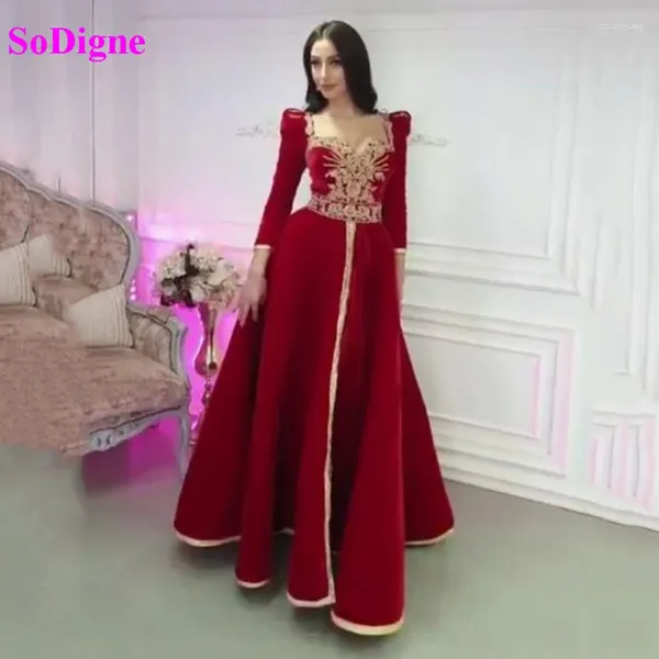 Parti Elbiseleri Sodigne Fas Kaftan Akşam V Boyun Uzun Kollu Cezayir Arapça Özel Durum Dantel Müslüman Gowns