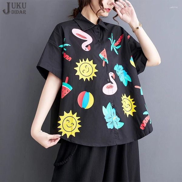 Camicette da donna in forma sfusa in stile coreano Summer Woman Shirt stampato nero Girls Wear Casual Wear Overszed Blusas Blusas JJXS094
