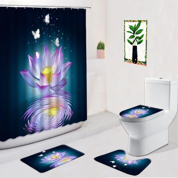 Duschvorhänge Blumen Schmetterling Blumen Lotus Pflanze Badezimmer Dekoration Nicht-Schlupf-Teppiche Badematte Toilettenabdeckung Pad Fußmat Sets