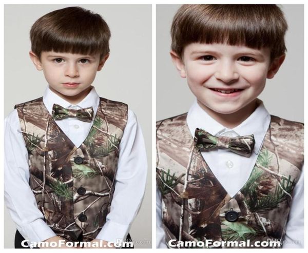 Billiger echter Baum Camo Boy039s formelle Verschleiß Westen mit Krawatten Camouflage Bräutigam Junge Weste billige Satin Custom formelle Hochzeitsweste Camo9854298