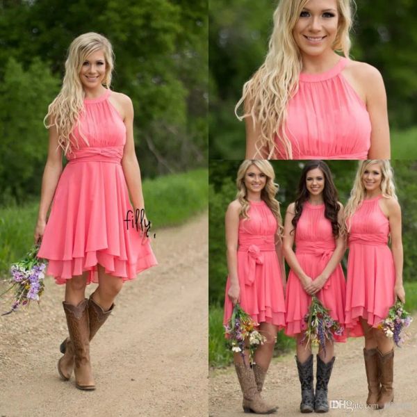 Vestidos 2019 barato country country melancia coral júnior dama de honra vestidos de chiffon joelho no casamento convidado use verão boho didra of hon