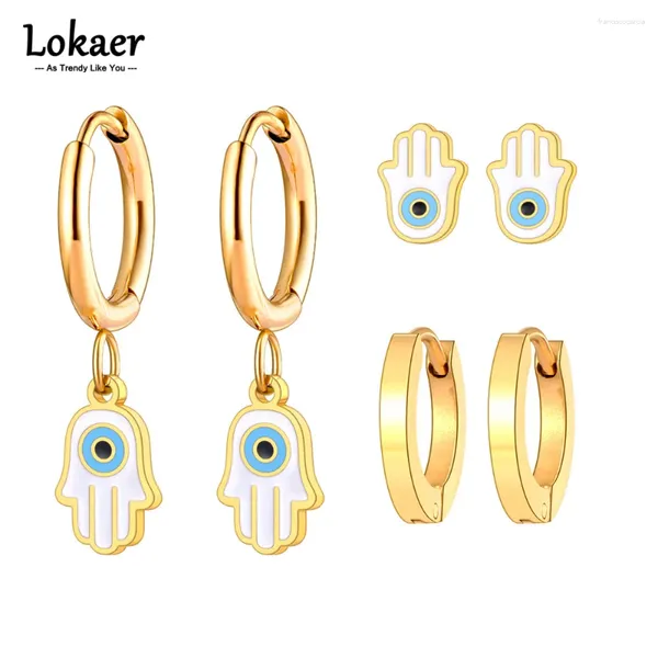 Hoop -Ohrringe 3pcs/Set Edelstahl Blaues türkische Augen Schmuck für Frauen ethnische Hamasa Hand bemalt Glaze E23128