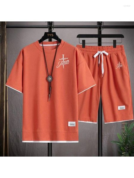 Herren Trailsuits Glauben Quergedruckte T-Shirt-Set Mode Kurzarm Sportbekleidung/Top/Shorts O-Neck Casual Summer Cool Beach