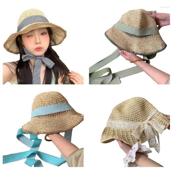 Beretti Cappello di paglia in tessuto a mano Sole francese per femmina estate traspirabili per le vacanze in spiaggia in spiaggia