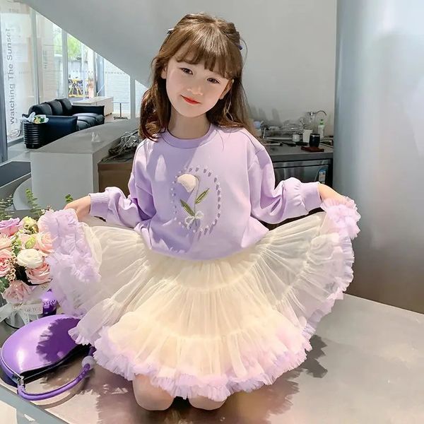 Fashion Spring Autumn Elegância Clothing Sweet Toppuffy curta saia Tutu 2pcs Girls Desen Sets Freshrents Toddler Kid Party Dase 240329