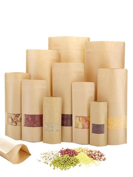 100 PCSLOT Kraft Paper Bag Alimentos Sacos à prova de umidade Zipper Stand Up Reutilable Sealing bolsas com janela transparente7754269