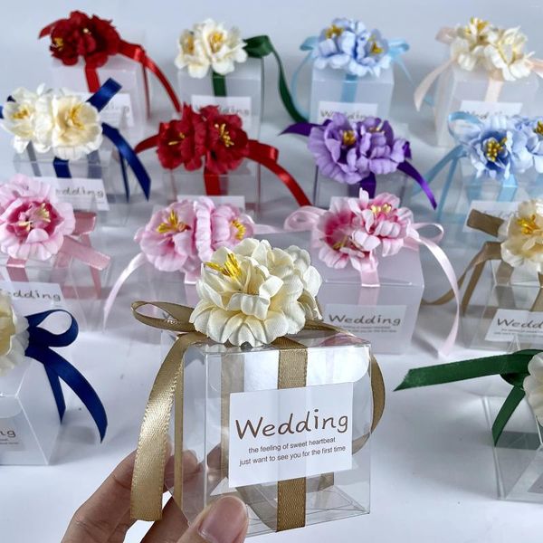 Geschenkverpackung 20/50pcs Hochzeit transparente PVC Candy Box für Gastbeutel künstliche Blumenband Souvenir Dragees Matte Taufen Boxen