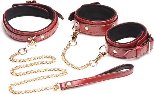 6 peças Borgonha Faux Leather Sex Bondage restrições para mulheres, homens, casais, punhos de tornozelo de pulso ajustáveis, colarinho, coleira com conexão