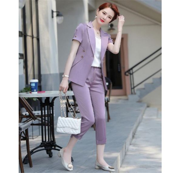 Purple Women Suits Conjuntos de gelo plus size 4xl 5xl Manga curta Blazer fêmea 2020 Elegante calças cortadas de 2 peças RM502693581613