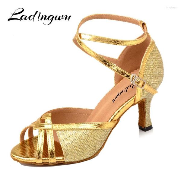 Sapatos de dança Ladingwu Glitter Latin Women Salsa Spot Spot Ballroom para Mulher Sandals Dourado