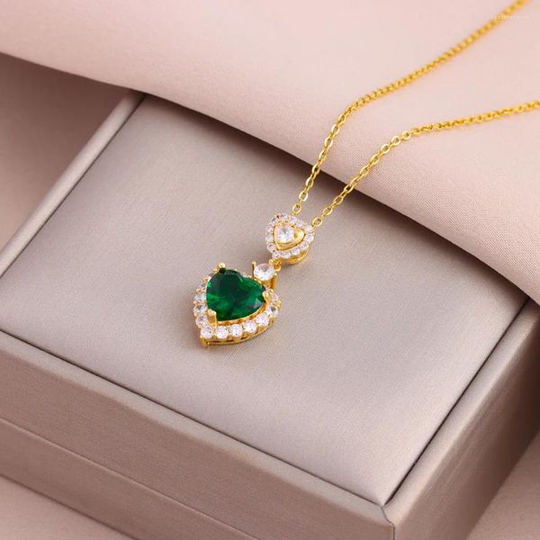 Collane a pendente in acciaio inossidabile inossidabile cristallo zircone verde vintage per donne alla moda retrò di gioielli a catena delle clavicoli