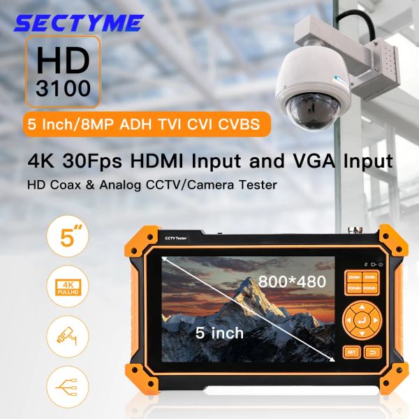 Ekran Secty 3100C CCTV Test Cihazı HD Koaksiyel 4K 8MP ADH TVI CVI CVBS Kamera Test Cihazı İzleyici 5 inç TFTLCD Ekran Monitörü