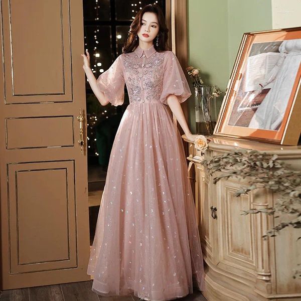 Платья для вечеринок блестящие розовые вечерние пухлые с коротким рукавом элегантный a-line длиной в пола хрустальные блестки кружев