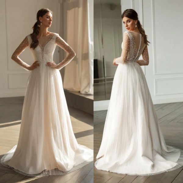 Georges Hobeika 2024 Brautkleider Juwel Langarm Spitze Brautkleider Button zurück Sweep Zug Bohemian eine Linie Hochzeitskleid