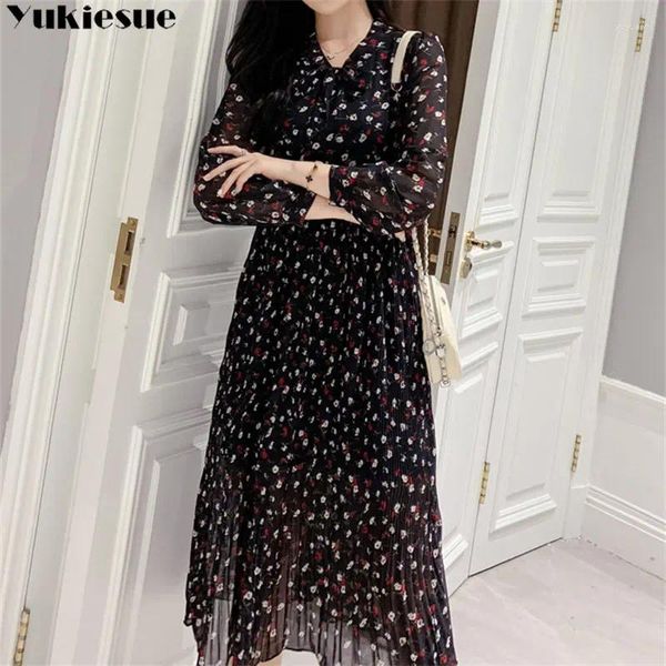 Sıradan elbiseler bahar yaz kadın yüksek bel a-line bow midi vestidos pilili retro tatlı çiçek baskı şifon elbise uzun kollu