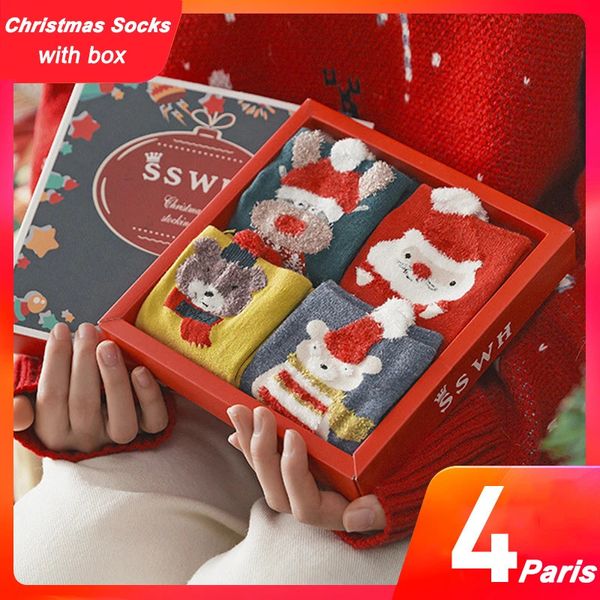 Lkwder Brand осень зима 4 пары в подарочной коробке Women Socks Рождественский год Красный мультипликационный лось Happy Funny Cotton 240408