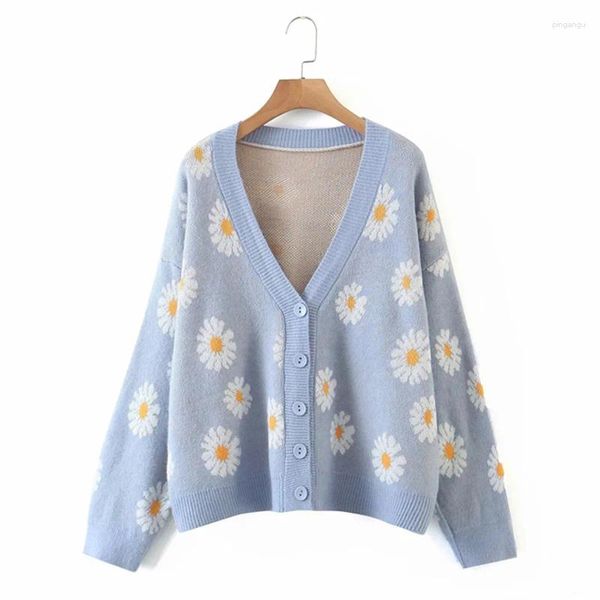 Malhas femininas Cardigan Little Daisy Cardigan Top Casual Manga Longa V Pescoço Estamar Floral