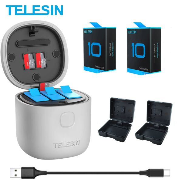 Zubehör Telesin 3Pack Batterie 1750mah für GoPro 10 9 3 Slots Ladegerät TF Kartenleser Aufbewahrungsbox für Go Pro Hero 10 9 Schwarz