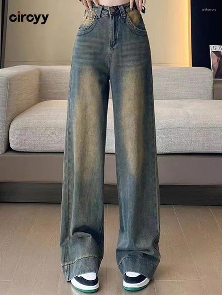 Jeans femminile Circyy Blue High Woman Woman Denim Pants Vintage Mop Wide Leg Fashion Pantaloni dritti 2024