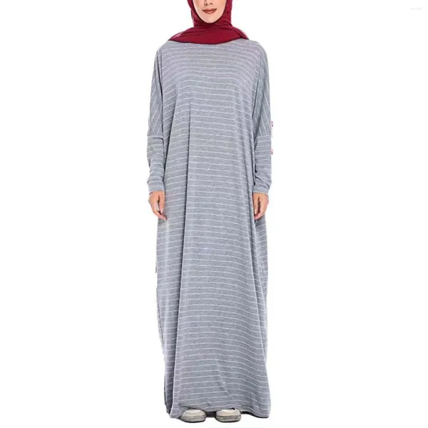 Ethnische Kleidung Frauen lässige lockere locker langhafte Muslim gestreiftes Druckkleid runder Hals Ramadan Gebetskleidung für Frauen eleganter Gewand