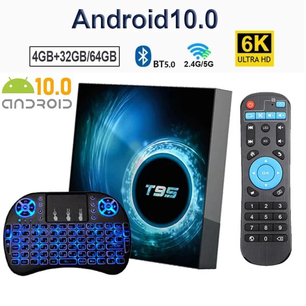 Caixa mais recente T95 TV Smart TV Android 10.0 6k 2.4g 5g WiFi 3D Voice 64G 4K Quad Fast Core Setent Suport Múltiplos Media Player Player