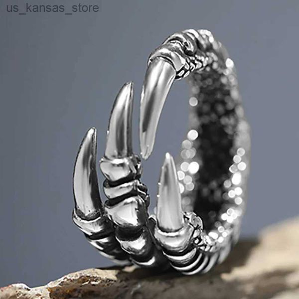 Clusterringe Edelstahl Antike Silber Drache Klaue Einstellbarer Öffnungsring Xizang Silber Eagle Tier Ring Herren Punkschmuck240408