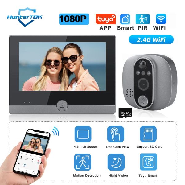 Дверные звонки Tuya Video Door Door 1080p Wi -Fi Peephole Camera Door Dover Bell Pir Cat Eye 4,3 дюйма Home Digital Door Viewer для защиты безопасности