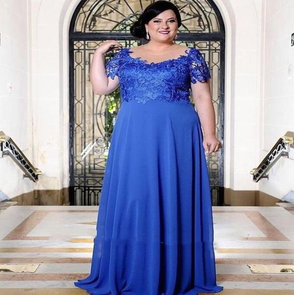 Royal Blue Plus size Abito Madre della sposa per Wedding Party Short Short Shor Sheer Neck Lace Chiffon Evening Gowns Formale OC7811108