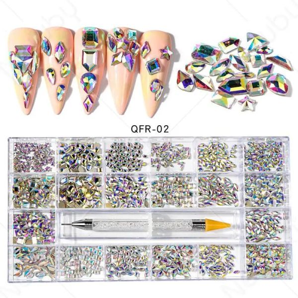 Strumento 400pcs /scatola unghie Sinesti di chiodo +1 pc Pennello AB Crystal Rhinestones per chiodi, cristalli piatti con nail art a forme miste