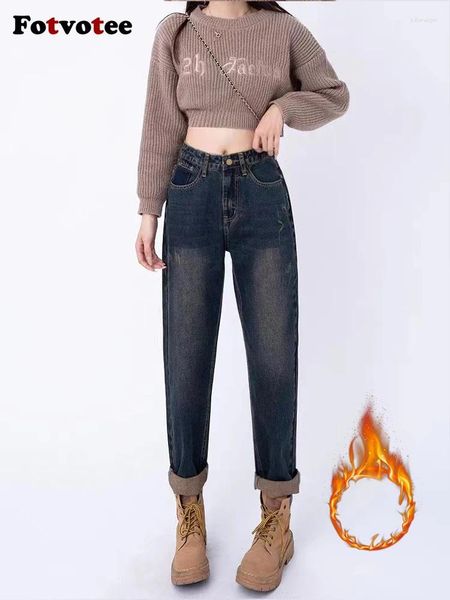 Jeans feminino fotvotee de cintura alta mamãe feminino de veludo espessa outono inverno harém calça de rua de rua de rua de rua reta de roupas vintage