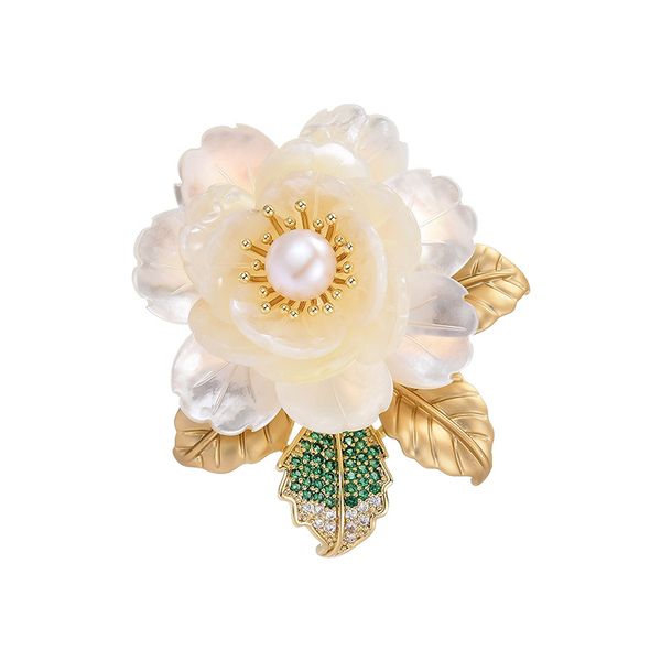 High Luxury Natural Shell White Peony Broche Freshwater Pearl Rico Camellia Flower Broche Feminino Acessório