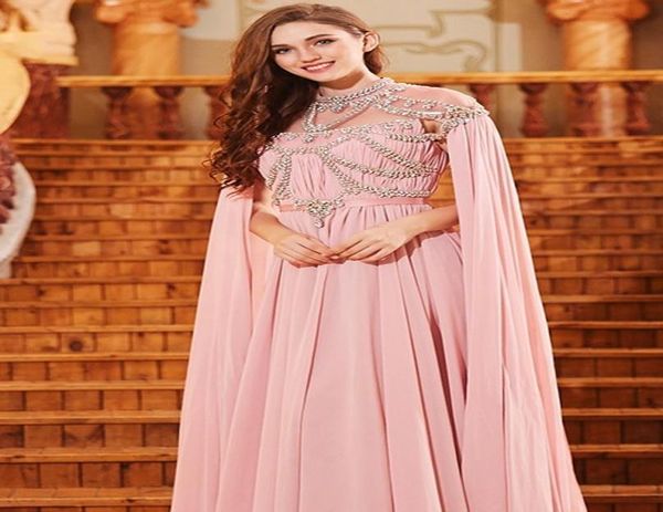 Carne rosa chiffon vestidos de noite muçulmana Aline ilusão de pescoço alto cristal islâmico dubai kaftan saudi árabe longa noite Gown2641172