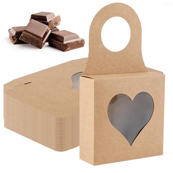 Geschenkverpackung 25pcs Weinflasche Box Kraft Hanters bevorzugt Kisten mit Herzfenster falten Khaki Leckerbissen für Süßigkeitenkekse Schokolade