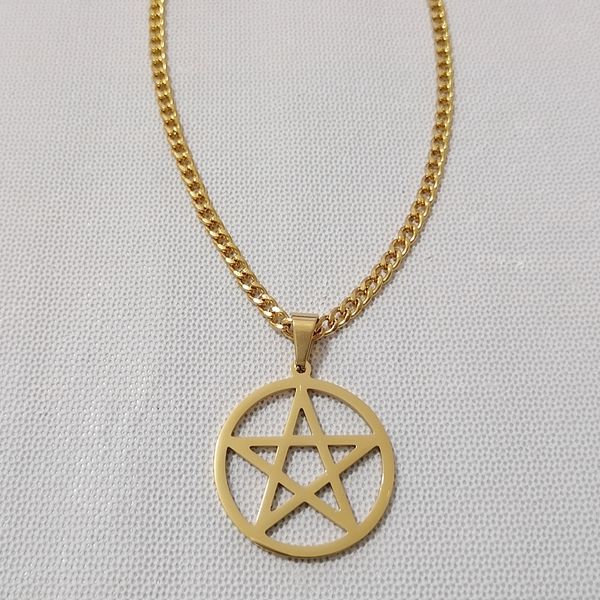 Religion Gold Gold Stainless Aço Colar Judaico Amulet Estrela Wicca Invertido Penador Religioso Pingente 4mm 24 polegadas Cadeia de 24 polegadas