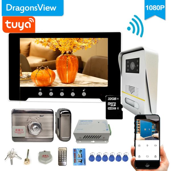 Doorbells DragonsView 7 inç wifi tuka ev interkom video kapı telefonu kablosuz 1080p kapı zili kamera elektronik kilit kilit açma konuşması