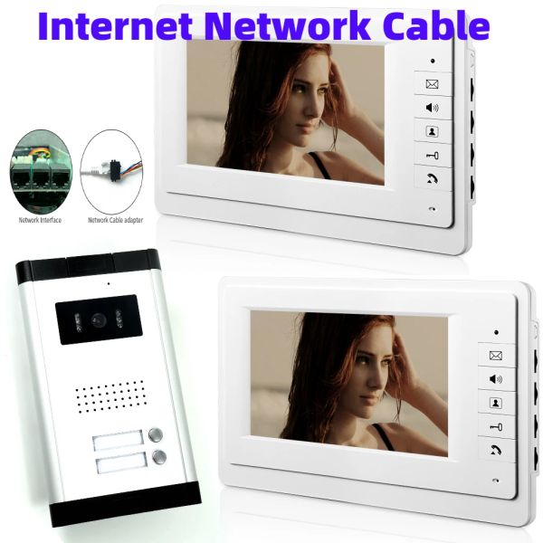 Intercomulário Home 7 polegadas LCD Video Door Phone Doorbell Controle de acesso Twoway Audio Visual Intercom Suporte a 100 metros Cabo de rede