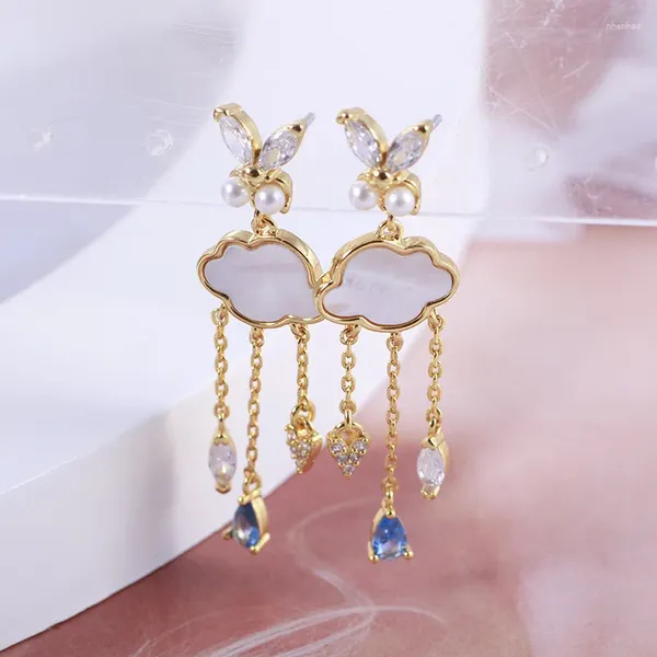 Brincos de berros dangle Europeu e americano Cloud Rain Fringe Fringe Shining Rhinestone Drop Love Pearl Butterfly Feminino doce