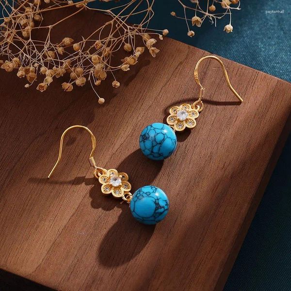 Dangle Ohrringe Vintage Courtstyle Altes Goldhandwerk eingelegtes Runde Perle Türkis für Frauen exquisit
