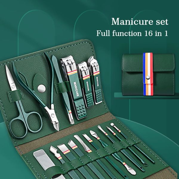 KITS 1216pcs in acciaio inossidabile Flippers Scissors Set squisito kit di manicure di imballaggio in pelle verde scuro