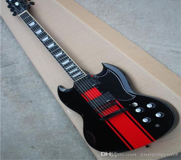 Black Body Electric Guitar Red Stripe Pattern Bridge Fisse 2 Pickup EMG Hardware Nero Personalizzabile4083814