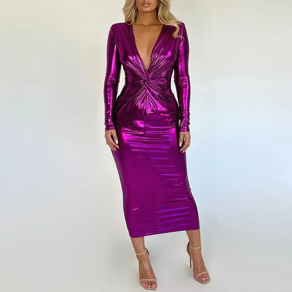 Vestidos casuais Mulheres 2024 Moda Glosty Metallic Bright Color Party Party