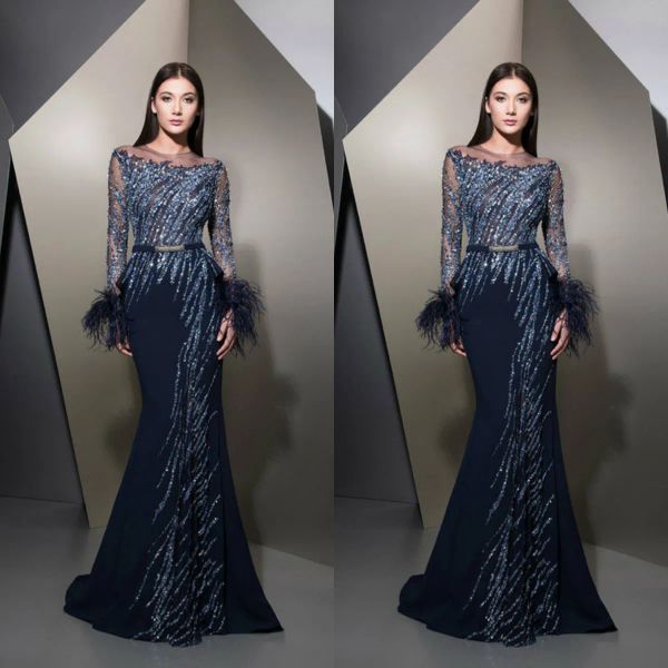 2024 Ziad Nakad lacivert balo elbiseleri mücevher uzun kollu dantel payetler kristal deniz kızı gece elbisesi özel yapım özel gün elbiseleri