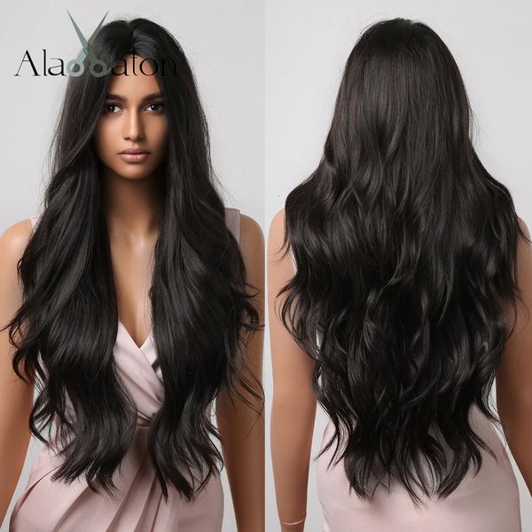 Alan Black Longo Corpo Longo Wavy Synthetic S Para Mulheres Afro Cabelo Natural Parte Média Fibra Resistente ao Calor Diário Uso 240327