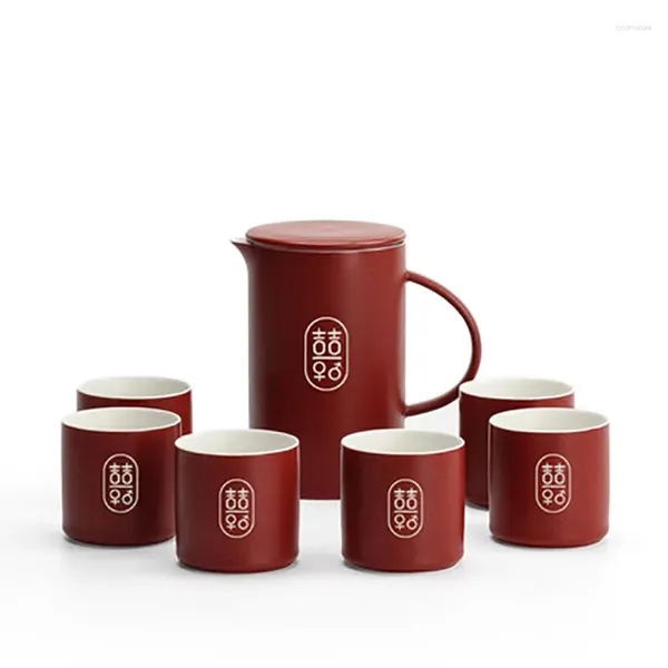 Tee -Sets Keramik rote Hochzeit Teekanne Porzellan Chinesischer Stil Doppel Glück Tee Pot Cup Set Luxus -Souvenir -Geschenk für Braut und Bräutigam