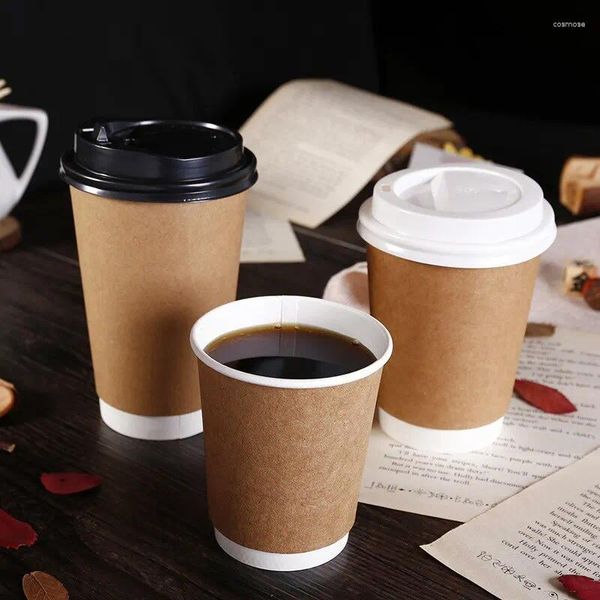 Coppe usa e getta cannucce 2 pcs/set di carta da caffè in coperchio nero/nero materiale kraft a doppia tazza isolata per il latte