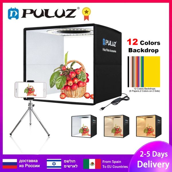Material Puluz Photo Studio Light Box, Fotografie Lightbox, Photo Studio Shooting Tent Box Kit, dimmbare Softbox mit 6/12 Farben Hintergrund