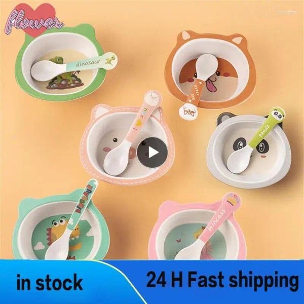 Schalen 1Set Cartoon Teller Löffel Kinder Abendessen Füttern Kindergerichte Bambusfasertabelle Baby Bowl Tares Ware Tares Ware