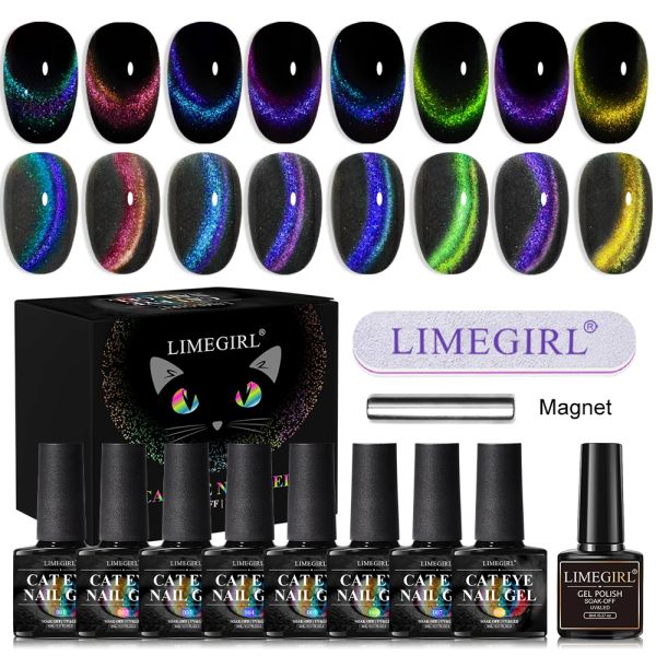 Kits Pack von 6/8 8 ml Katzenaugen -Augenmagnetnagelpoleins -Kit Magnetische UV -Gel Lack Chamäleon eingeweichtes holographisches reflektierendes schwarzes Gel Req