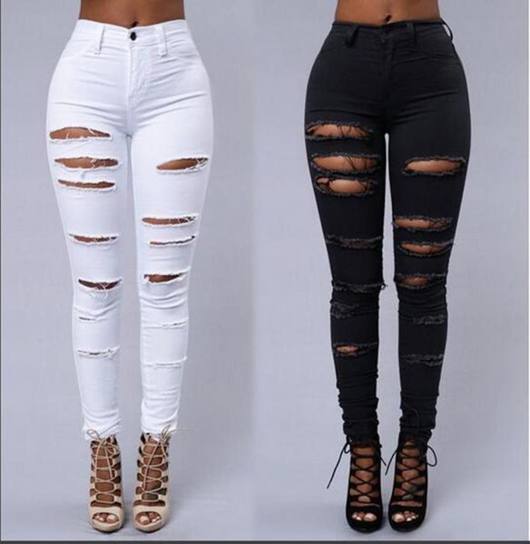 High Street Women Skinny Jeans sexy zerrissene Haut enge Jeans Modes Schwarz -Weiß -Bleistift Denim Pants8832054